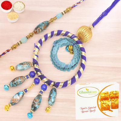 Ghasitaram Gifts Rakhis Online - Rakhi for Brother- The Ever Lasting Bond rm100 Bhaiya Bhabhi Rakhi with 400 GMS of Besan Barfi