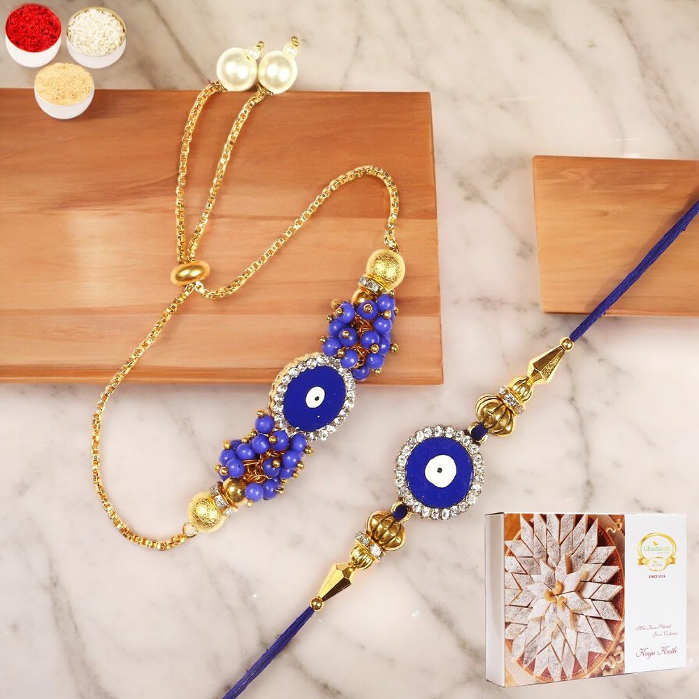 Ghasitaram Gifts Rakhis Online - Rakhi for Brother-KB-7 Bhaiya Bhabhi Rakhi with 400 GMS of Kaju katli