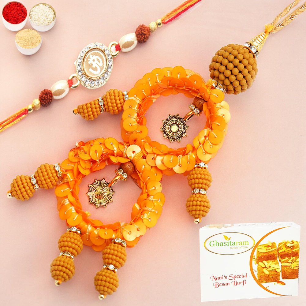 Ghasitaram Gifts Rakhis Online - Rakhi for Brother- Sisters Blessings rm073 Bhaiya Bhabhi Rakhi with 400 GMS of Besan Barfi