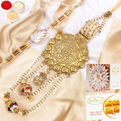 Ghasitaram Gifts Rakhis Online - Rakhi for Brother-RM-111 Bhaiya Bhabhi Rakhi with 200 GMS of Besan Barfi and 200 GMS of Kaju Katli