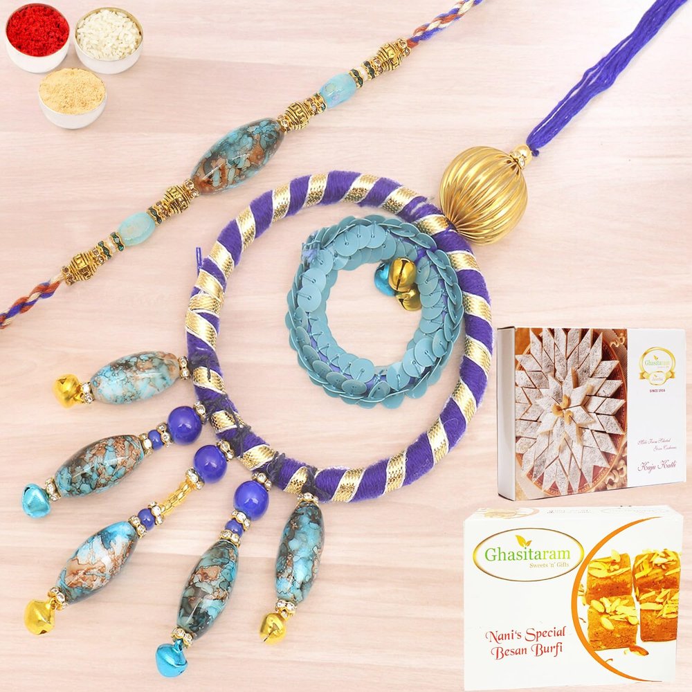 Ghasitaram Gifts Rakhis Online - Rakhi for Brother- The Ever Lasting Bond rm100 Bhaiya Bhabhi Rakhi with 200 GMS of Besan Barfi and 200 GMS of Kaju Katli