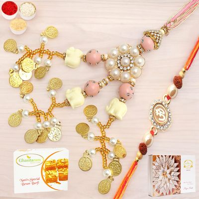 Ghasitaram Gifts Rakhis Online - Rakhi for Brother- Dazzling Bond rm080 Bhaiya Bhabhi Rakhi with 200 GMS of Besan Barfi and 200 GMS of Kaju Katli