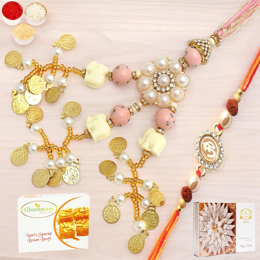 Ghasitaram Gifts Rakhis Online - Rakhi for Brother- Dazzling Bond rm080 Bhaiya Bhabhi Rakhi with 200 GMS of Besan Barfi and 200 GMS of Kaju Katli