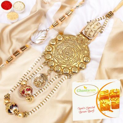 Ghasitaram Gifts Rakhis Online - Rakhi for Brother-RM-111 Bhaiya Bhabhi Rakhi with 200 GMS of Besan Barfi