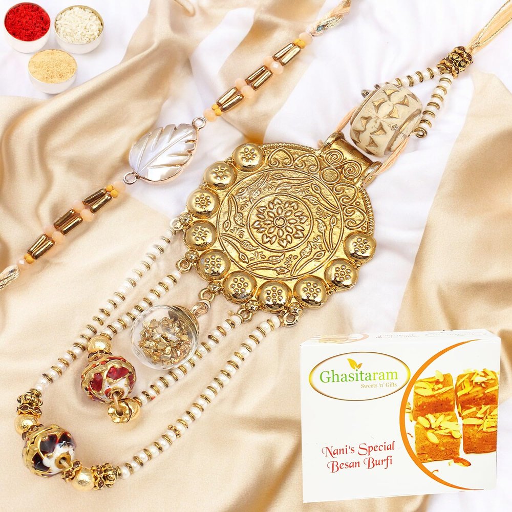 Ghasitaram Gifts Rakhis Online - Rakhi for Brother-RM-111 Bhaiya Bhabhi Rakhi with 200 GMS of Besan Barfi