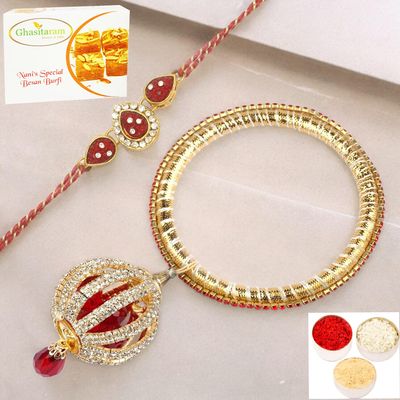 Ghasitaram Gifts Rakhis Online - Rakhi for Brother- RM-155 Bhaiya Bhabhi Rakhi with 400 GMS of Besan Barfi