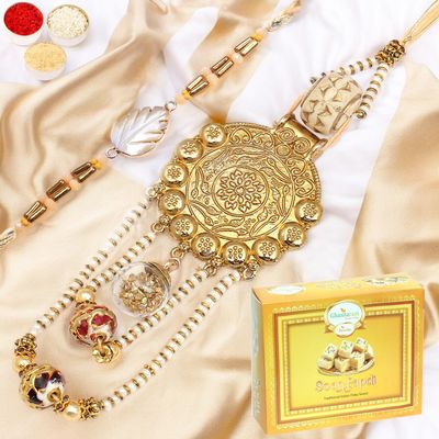 Ghasitaram Gifts Rakhis Online - Rakhi for Brother-RM-111 Bhaiya Bhabhi Rakhi with 200 GMS of Soan Papdi