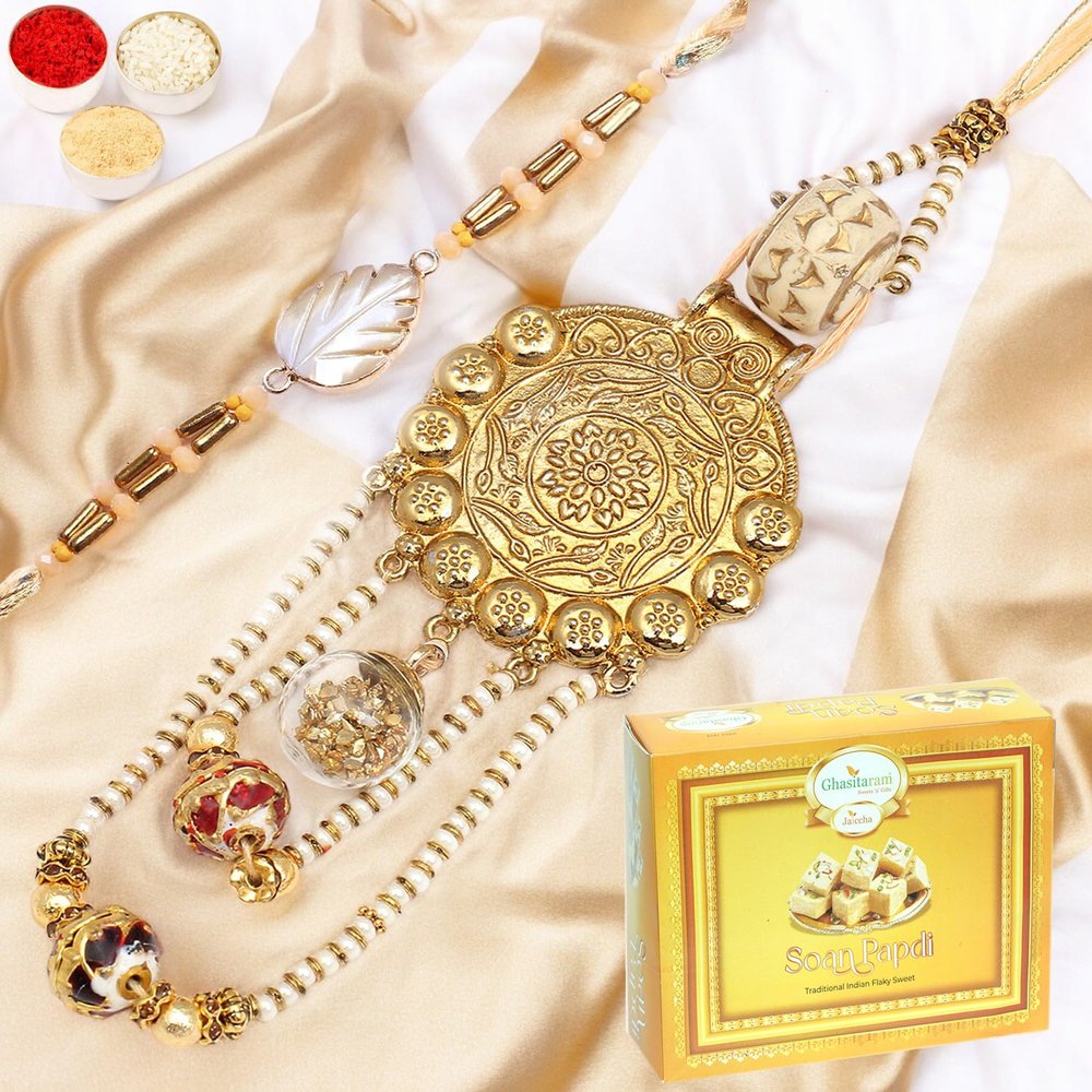 Ghasitaram Gifts Rakhis Online - Rakhi for Brother-RM-111 Bhaiya Bhabhi Rakhi with 200 GMS of Soan Papdi