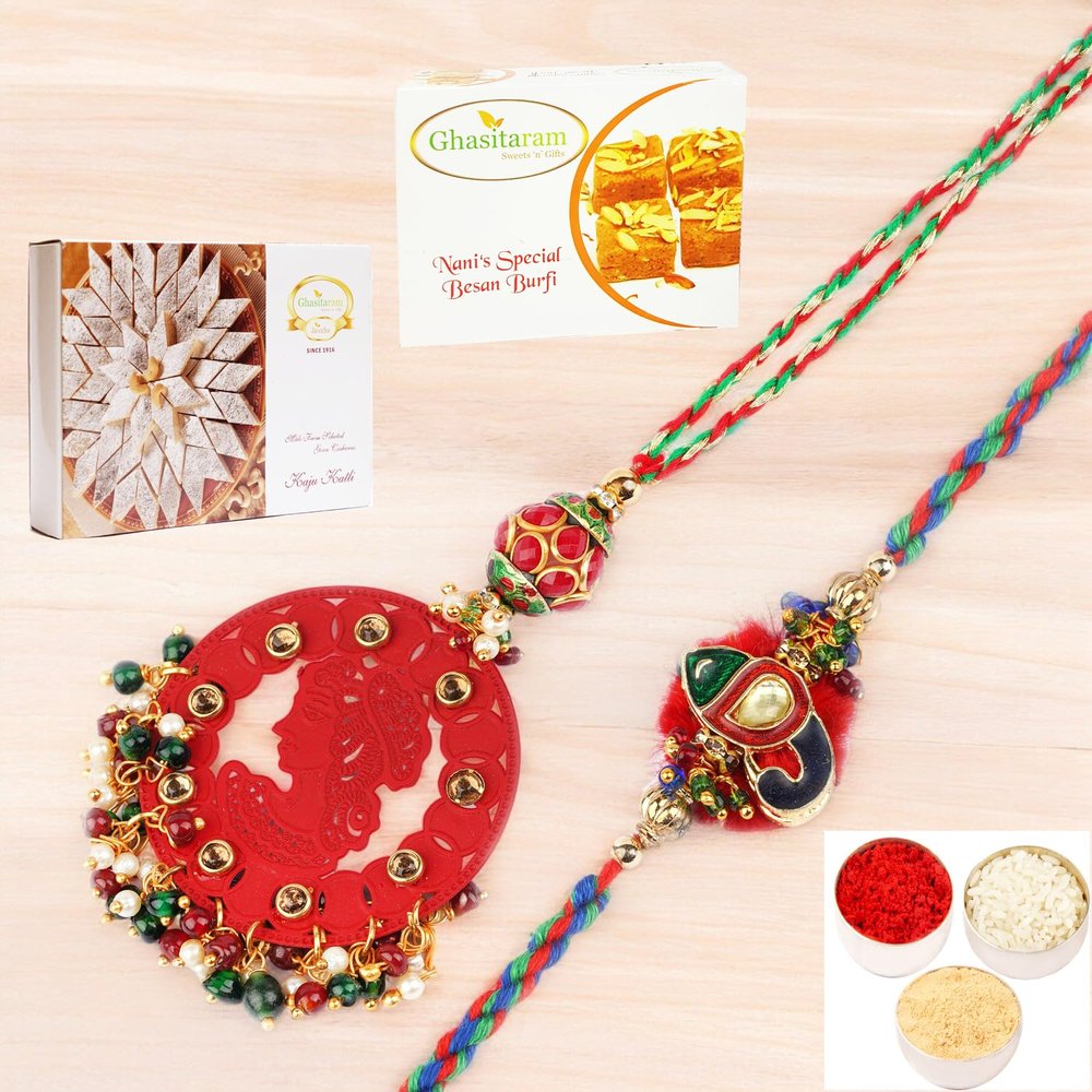 Ghasitaram Gifts Rakhis Online - Rakhi for Brother- RM-140 Bhaiya Bhabhi Rakhi with 200 GMS of Besan Barfi and 200 GMS of Kaju Katli