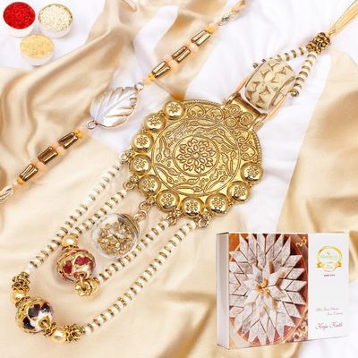 Ghasitaram Gifts Rakhis Online - Rakhi for Brother-RM-111 Bhaiya Bhabhi Rakhi with 200 GMS of Kaju katli