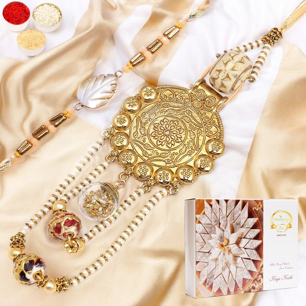 Ghasitaram Gifts Rakhis Online - Rakhi for Brother-RM-111 Bhaiya Bhabhi Rakhi with 200 GMS of Kaju katli