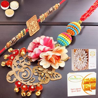 Ghasitaram Gifts Rakhis Online - Rakhi for Brother- The Charasmatic rm079Bhaiya Bhabhi Rakhi with 200 GMS of Besan Barfi and 200 GMS of Kaju Katli