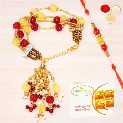 Ghasitaram Gifts Rakhis Online - Rakhi for Brother-RM-205 Bhaiya Bhabhi Rakhi with 400 GMS of Besan Barfi