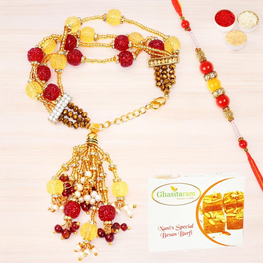 Ghasitaram Gifts Rakhis Online - Rakhi for Brother-RM-205 Bhaiya Bhabhi Rakhi with 400 GMS of Besan Barfi
