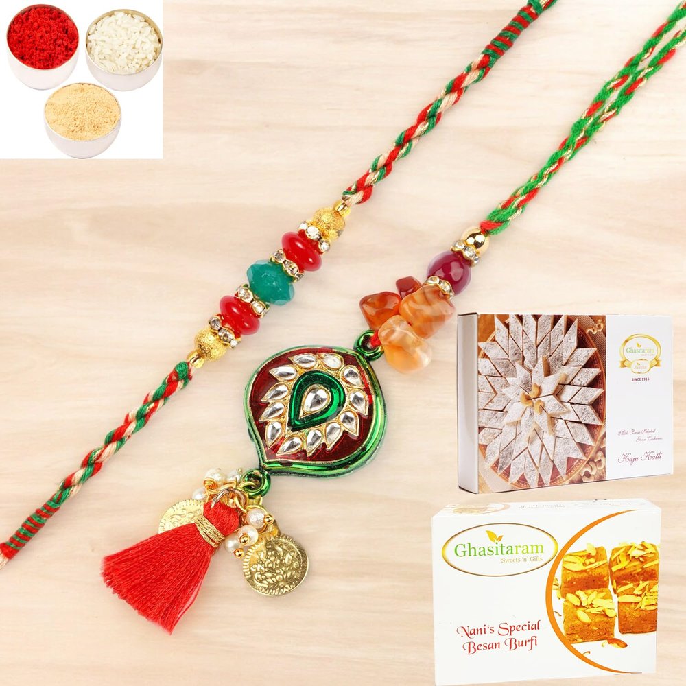 Ghasitaram Gifts Rakhis Online - Rakhi for Brother- RM-217 Bhaiya Bhabhi Rakhi with 200 GMS of Besan Barfi and 200 GMS of Kaju Katli
