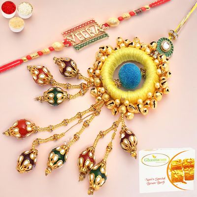 Ghasitaram Gifts Rakhis Online - Rakhi for Brother- Mere Pyaare Veera rm 072 Bhaiya Bhabhi Rakhi with 200 GMS of Besan Barfi