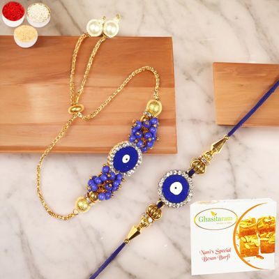 Ghasitaram Gifts Rakhis Online - Rakhi for Brother-KB-7 Bhaiya Bhabhi Rakhi with 200 GMS of Besan Barfi