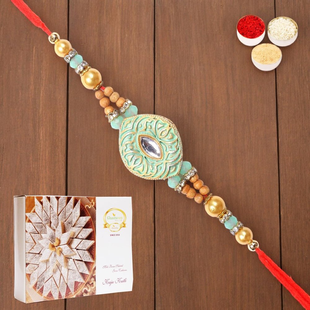 Ghasitaram Gifts Rakhi for Brother Rakhis Online - 8469 Premium Rakhi with 200 GMS of Kaju katli