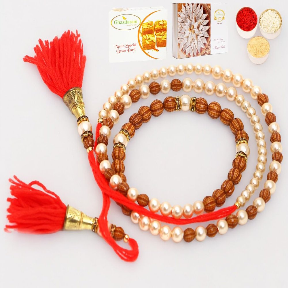 Ghasitaram Gifts Rakhi for Brother Rakhis Online - 612 Premium Rakhi Bracelet with 200 GMS of Besan Barfi and 200 GMS of Kaju Katli