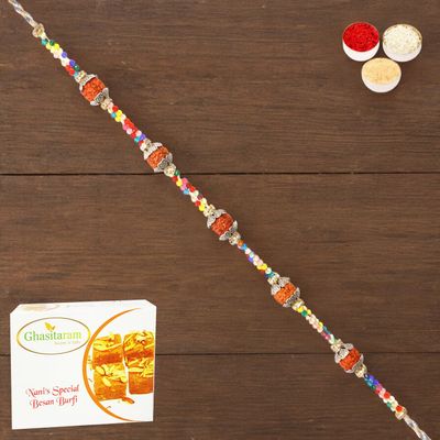 Ghasitaram Gifts Rakhi for Brother Rakhis Online - RM-766 Premium Rakhi with 200 GMS of Besan Barfi