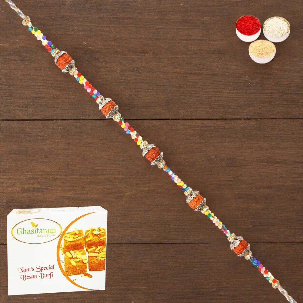 Ghasitaram Gifts Rakhi for Brother Rakhis Online - RM-766 Premium Rakhi with 200 GMS of Besan Barfi
