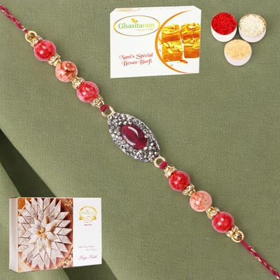 Ghasitaram Gifts Rakhi for Brother Rakhis Online - RM-715 Premium Rakhi with 200 GMS of Besan Barfi and 200 GMS of Kaju Katli