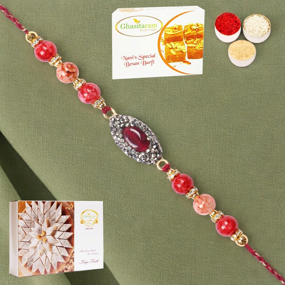 Ghasitaram Gifts Rakhi for Brother Rakhis Online - RM-715 Premium Rakhi with 200 GMS of Besan Barfi and 200 GMS of Kaju Katli
