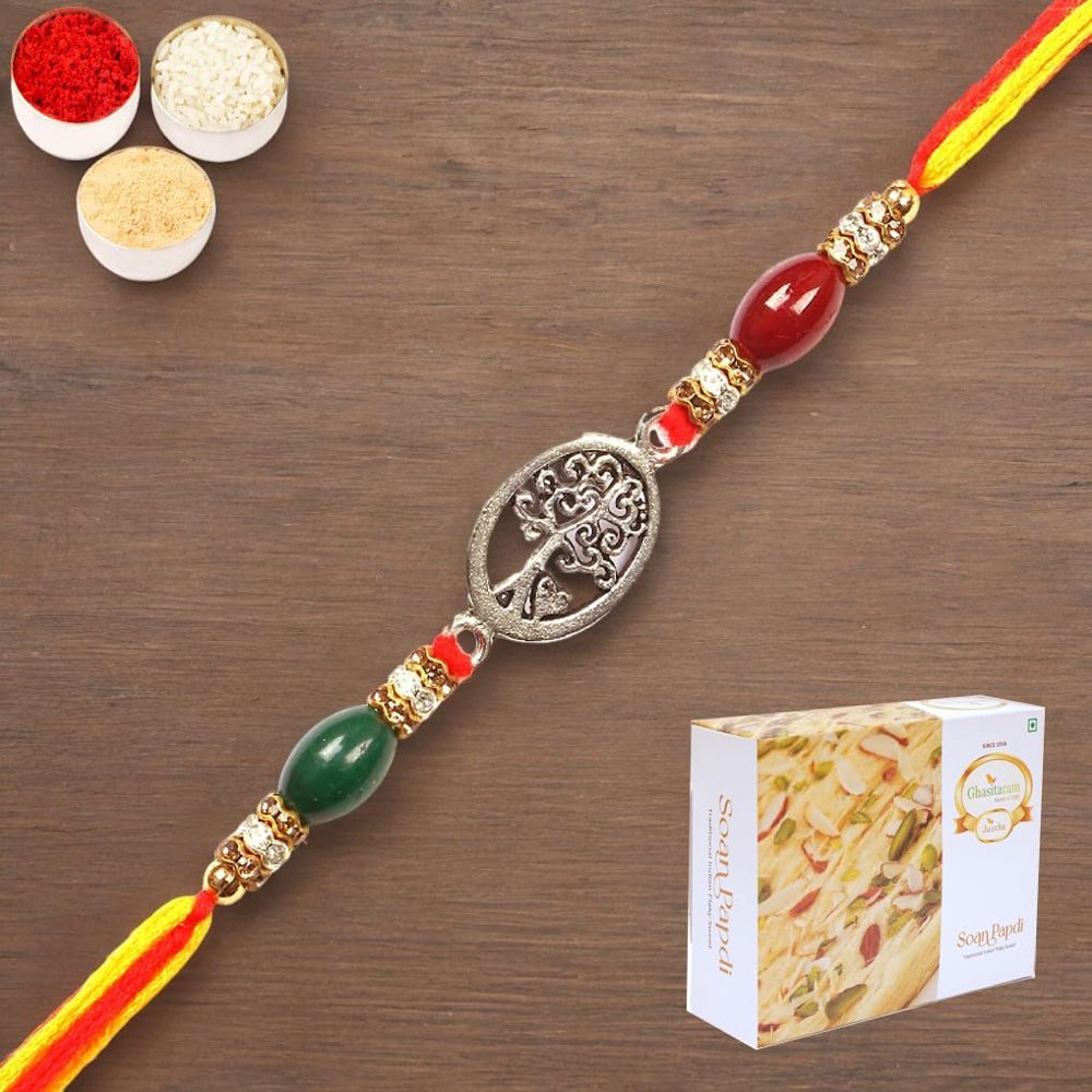 Ghasitaram Gifts Rakhi for Brother Rakhis Online - 8833 Premium Rakhi with 200 GMS of Soan Papdi