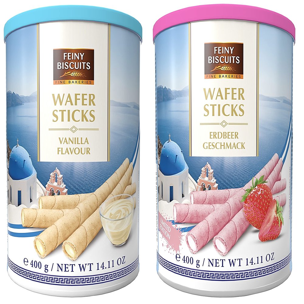 2 Pack Wafer Rolls Selection (400g x 2) - Strawberry flavoured cream Wafer Rolls 400g + Vanilla flavoured cream Wafer Rolls 400g