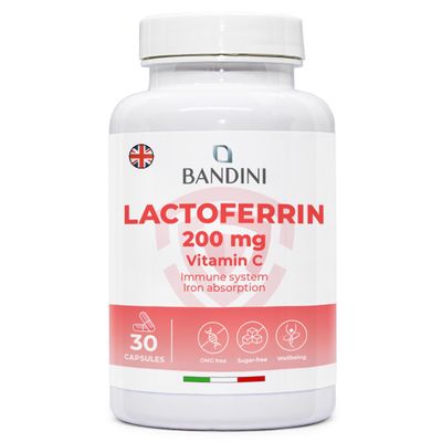 Bandini Lactoferrin & Vitamin C | 200mg Lactoferrine + 60mg VIT C per Daily dose (1 Cap) | Improves Iron Absorption & Immune System Function | A Component in Colostrum | 30 Capsules | Vegan, Non-GMO