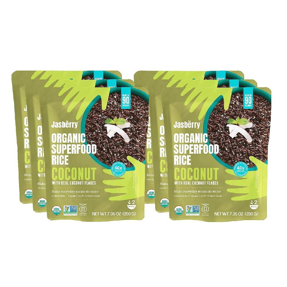 Jasberry Organic Coconut Rice  Ready to Eat Black Rice with Real Coconut Flakes | 6200g Microwave Pouches | Vegan, Gluten-Free, Wholegrain | Quick Meal or Side Dish | Ready in 90 Seconds