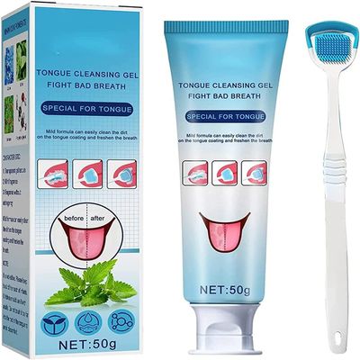 Tongue Cleaning Scraper Brush Kit, Tongue Cleaning Gel Oral Care Removes Oral Odor Fresh Breath Tongue Coating Cleaning Bad Breath for Adults, 50g (3pcs)