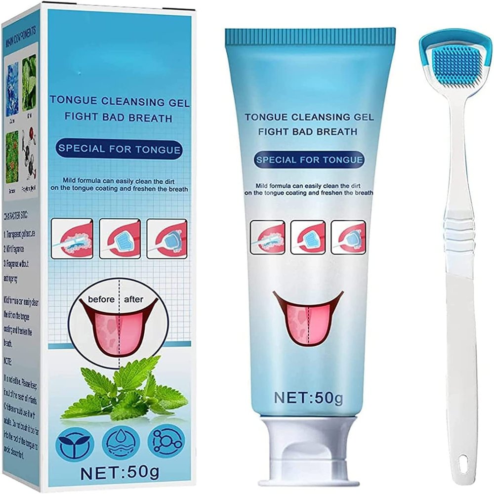 Tongue Cleaning Scraper Brush Kit, Tongue Cleaning Gel Oral Care Removes Oral Odor Fresh Breath Tongue Coating Cleaning Bad Breath for Adults, 50g (3pcs)