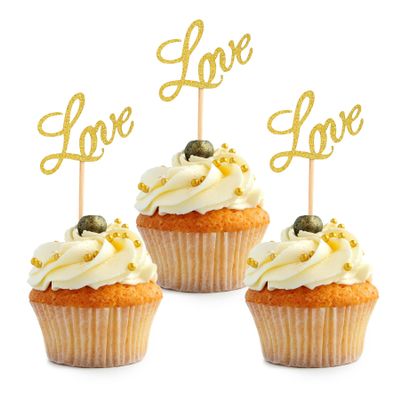 HOKPA Love Cupcake Toppers, 48Pcs Gold Glitter Dessert Food Cake Picks for Baby Shower Wedding Engagement Bridal Birthday Party Supplies