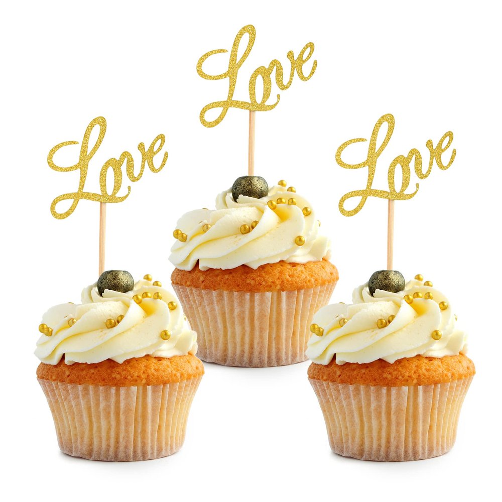 HOKPA Love Cupcake Toppers, 48Pcs Gold Glitter Dessert Food Cake Picks for Baby Shower Wedding Engagement Bridal Birthday Party Supplies