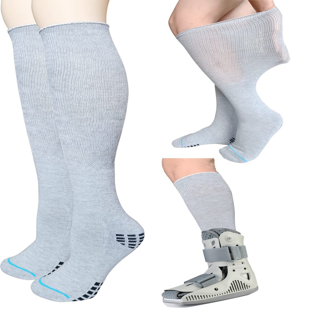 LORVVDE 2 Pairs Walking Boot Socks for Orthopedic Walker Brace, Replacement Sock Liner Knee High Tube Sox Under Air Cam Walkers and Fracture Boots, Air Cast Surgical Leg Cover