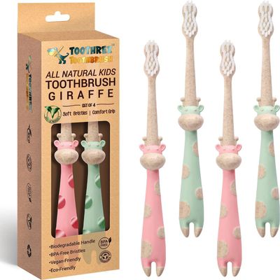 ROARex All-Natural Eco Friendly Kids Toothbrush Made from Plants - Giraffe 4-36m - Baby to Toddler - Mint/Rose - 4pk | 1% for The Planet Product