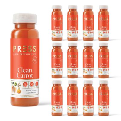 PRESS Healthfoods, 12 x 250ml Clean Carrot Juice, Cold Pressed Carrot, Contains, Orange, Apple and Ginger