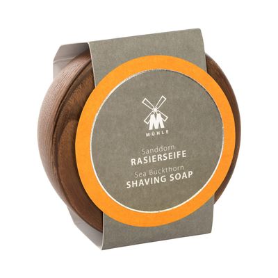 MHLE Shaving Soap Set - wooden bowl, sea buckthorn shaving soap, all skin types - fruity & fresh - 65g