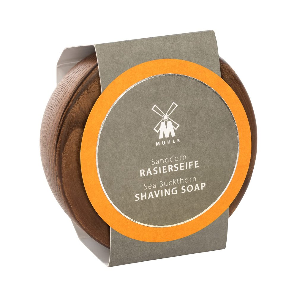 MHLE Shaving Soap Set - wooden bowl, sea buckthorn shaving soap, all skin types - fruity & fresh - 65g