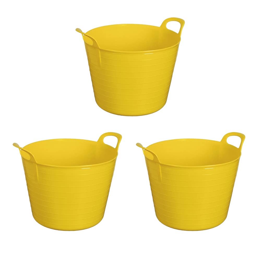 26L Flexi Tub Plastic Bucket Water Storage Versatile and Robust Multipurpose Flexible Container Feeder Bucket, Tub Trugs- MADE IN UK- (Set of 3, Yellow)