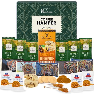Hatties Gifts Coffee Gift Set  Taylors Coffee Bags, Shortbread Biscuits, Caramel Stroopwafels & Swizzle Sticks  Luxury Food Hamper for Men and Women