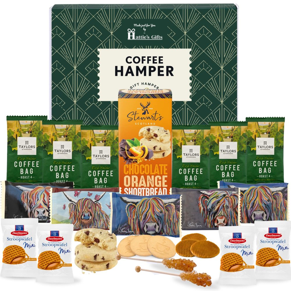 Hatties Gifts Coffee Gift Set  Taylors Coffee Bags, Shortbread Biscuits, Caramel Stroopwafels & Swizzle Sticks  Luxury Food Hamper for Men and Women