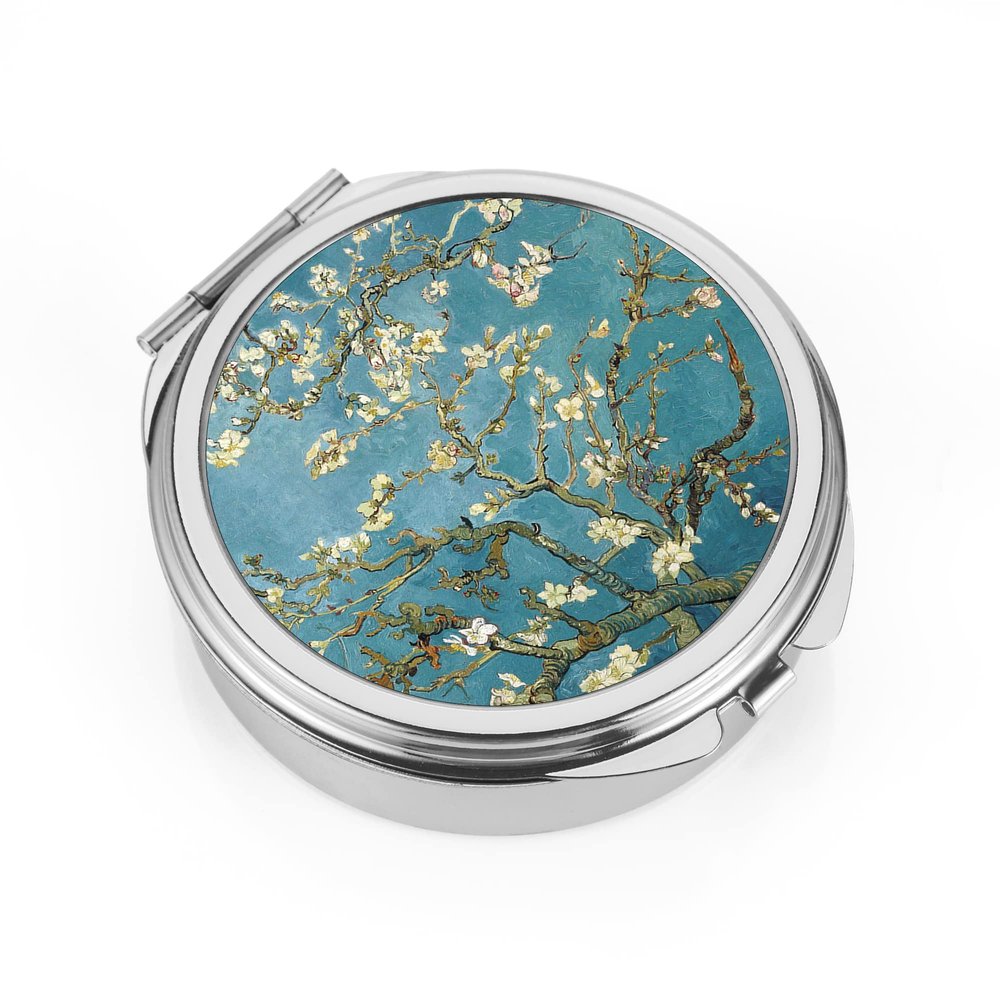 Dynippy Pill Case 3 Detachable Compartment Pill Box with Mirror (2.4x2.4x0.7 inches) Pocket Medicine Case Vitamin Fish Oil Pill Organizer for Pocket Purse and Travel Gifts Silver- Almond Blossom