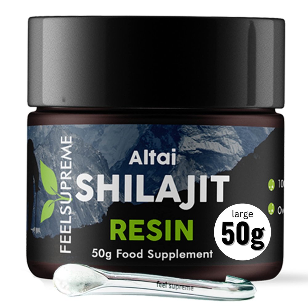 Feel Supreme - Natural Black Altai Shilajit Resin - 100% Pure Shilajit, Additive Free, 80 Trace Minerals Including Magnesium, Fulvic Acid, and Zinc Ethically Sourced, Shilajit for Men and Women - 50g