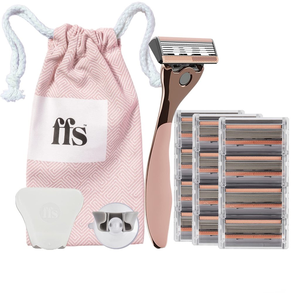 FFS Beauty Rose Shaving Set for Women 3-6 Month's Supply  Premium Rose Razor Handle, 12 SmoothGlide 6-Blade Cartridges, Shower Holder, Travel Pouch, Clamshell Protector