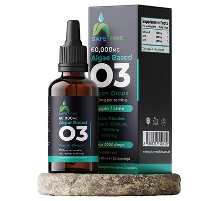 SafeFine Omega 3 Liquid Vegan Drops - DHA from Algae Oil - 60 ml Dropper Bottle - 2000 mg per Serving Plant Based Algae Source Supports Heart Brain & Eyes