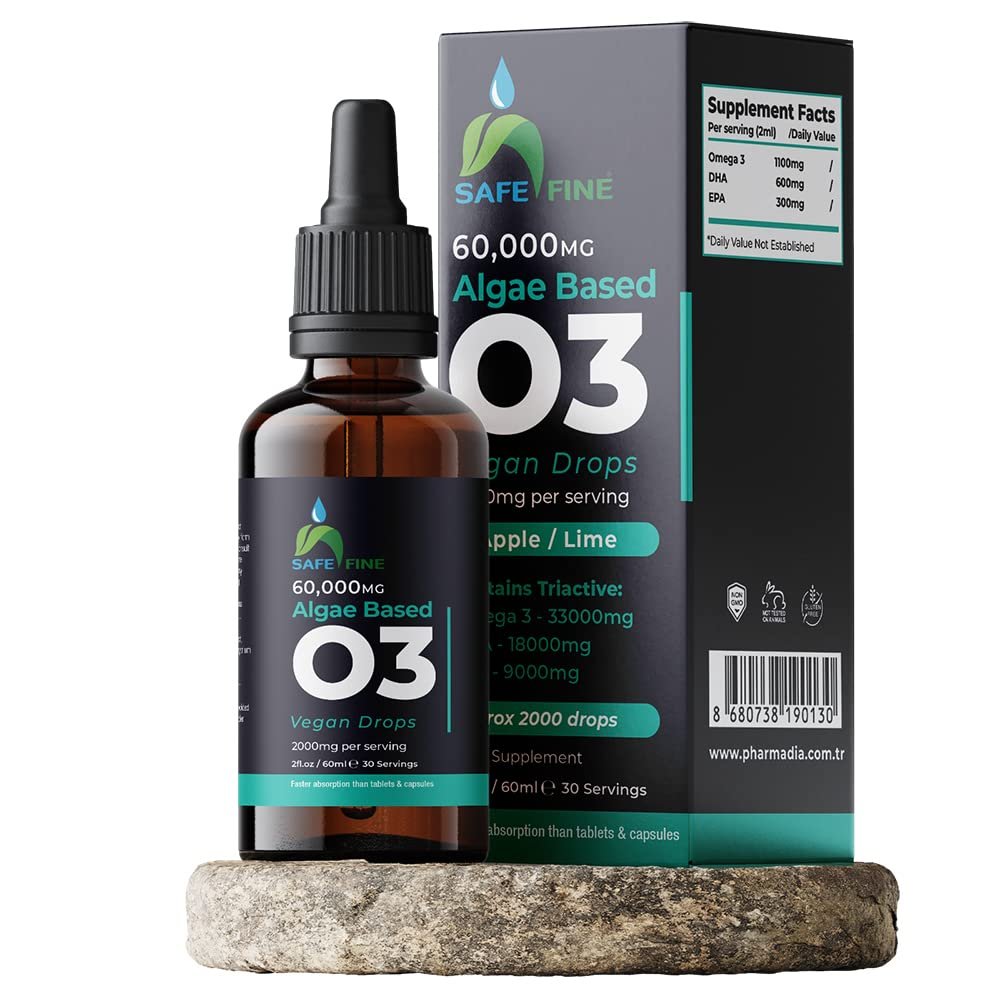 SafeFine Omega 3 Liquid Vegan Drops - DHA from Algae Oil - 60 ml Dropper Bottle - 2000 mg per Serving Plant Based Algae Source Supports Heart Brain & Eyes