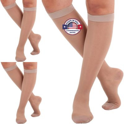 (3 Pack) USA Made Sheer Compression Stockings for Women 15-20mmHg, Nude, Large