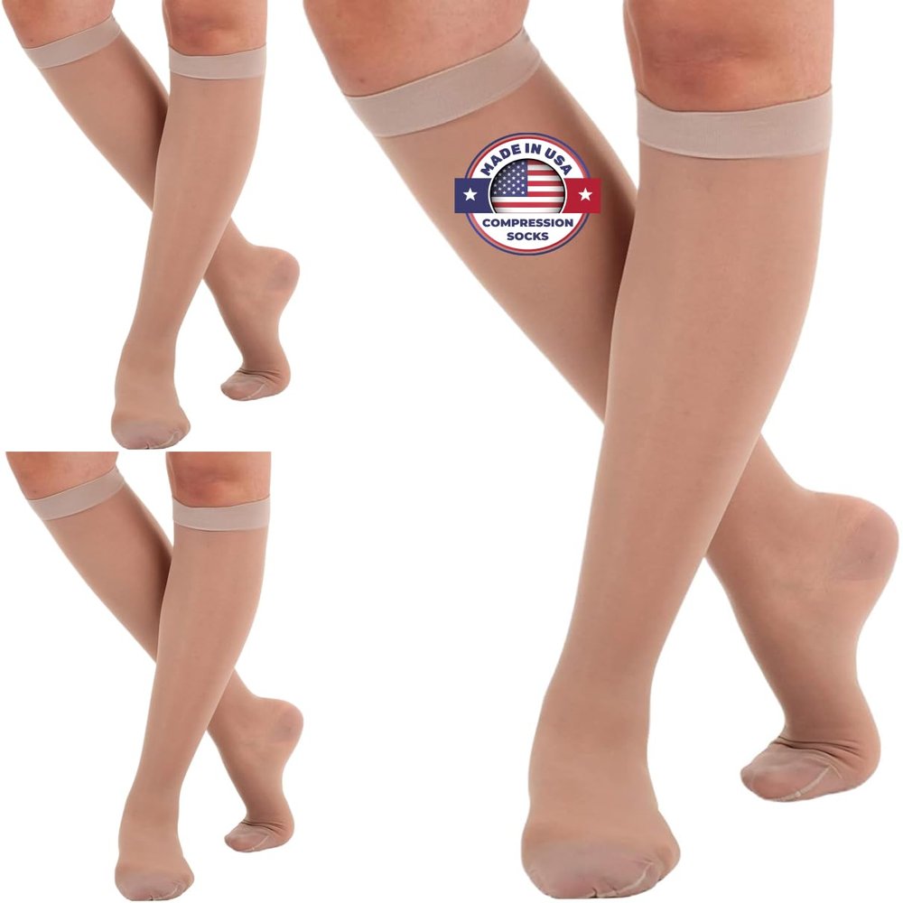 (3 Pack) USA Made Sheer Compression Stockings for Women 15-20mmHg, Nude, Large